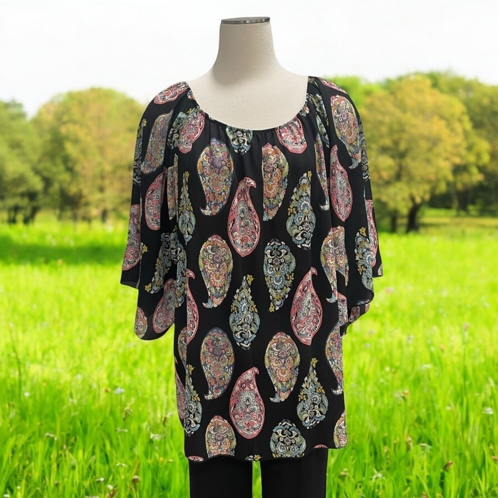 ZigZag Stripe Paisley Blouse XL Multi-Color Boho Peasant Festival Vibrant USA